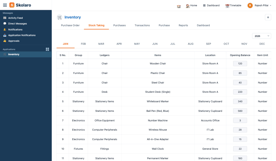 Skolaro Inventory module — stock taking screen