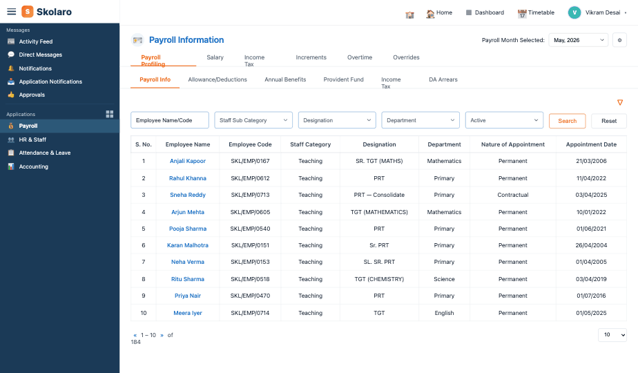Skolaro Payroll module — payroll profiling screen